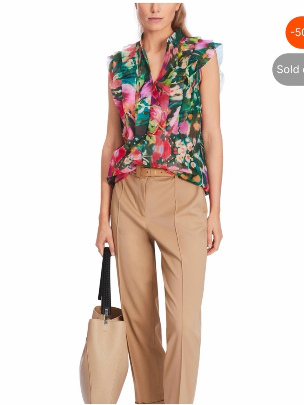 Marc Cain Floral Ruffle-Sleeve Blouse in Green, Pink and Blue